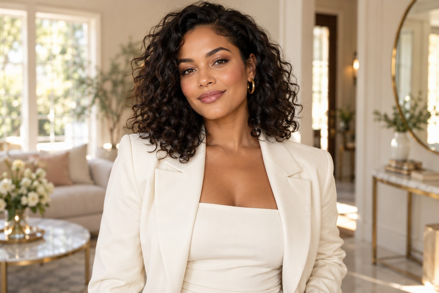Everyday makeup inspiration: woman with softly defined brows, bronze eyes, and rosy nude lips