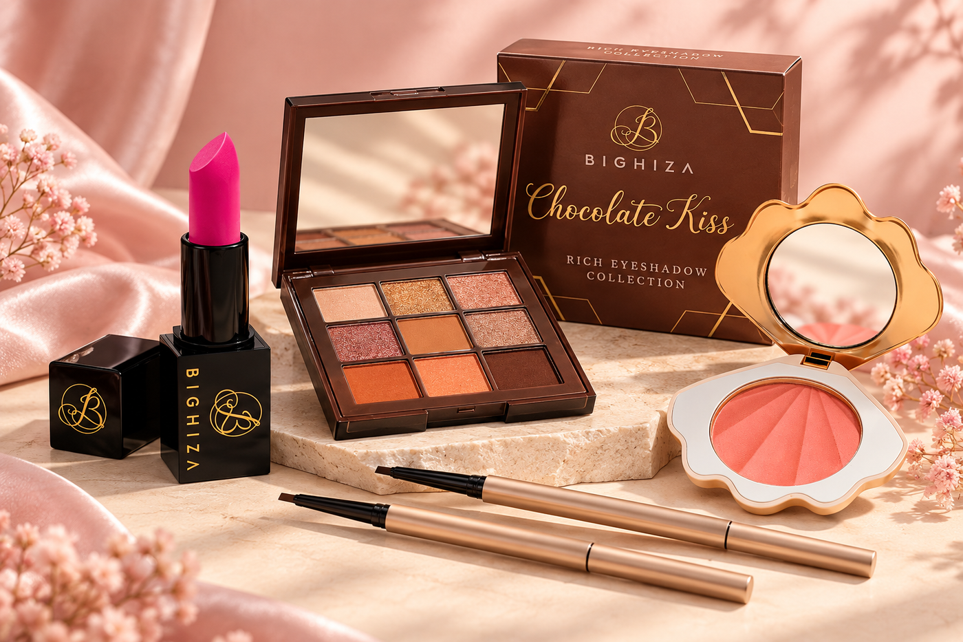 BIGHIZA beauty products arranged on stone with pink fabric