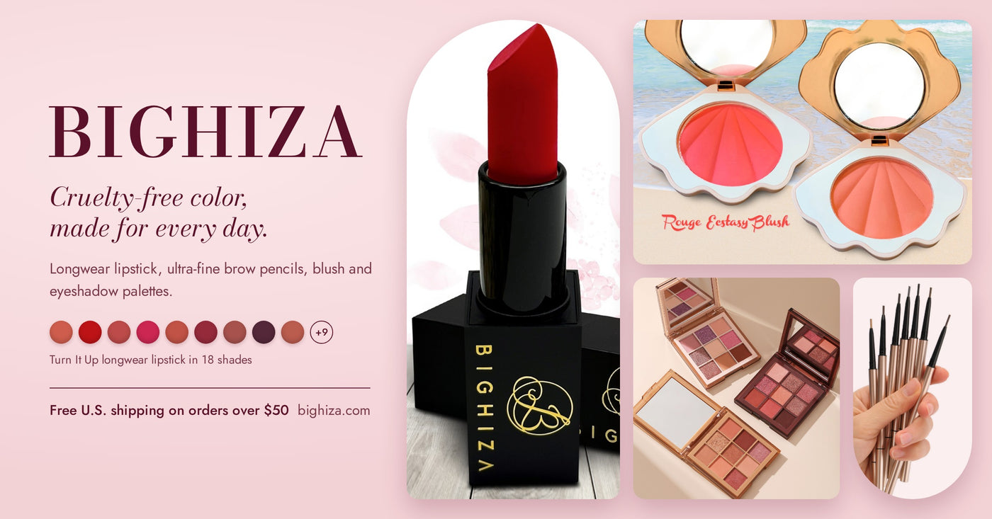 BIGHIZA makeup range with lipstick, cheek color, palette and brow pencils