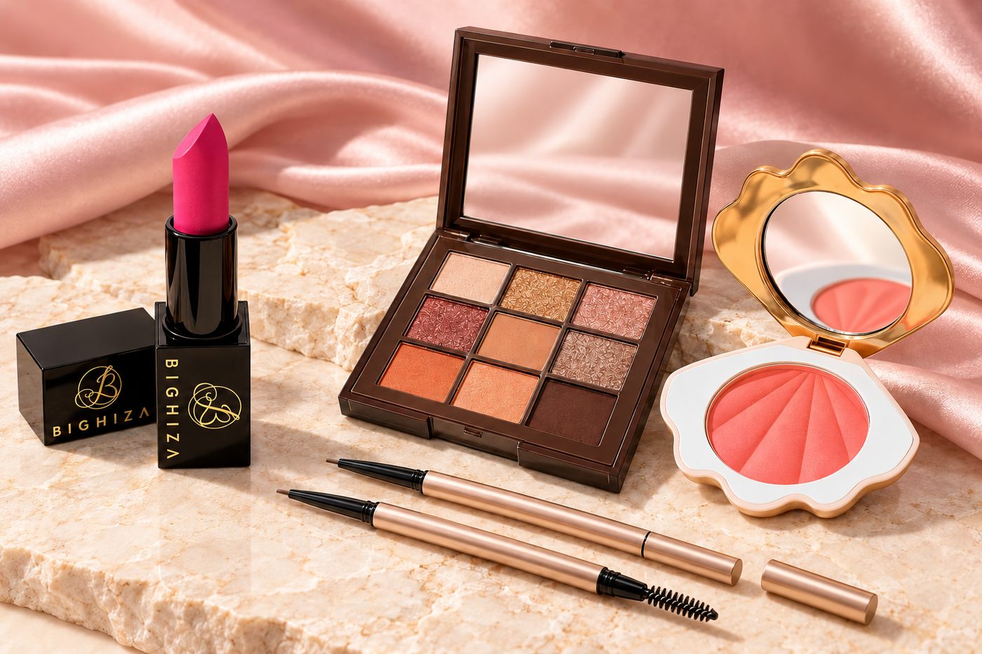 BIGHIZA lipstick, eyeshadow palette, blush, highlighter and brow pencils