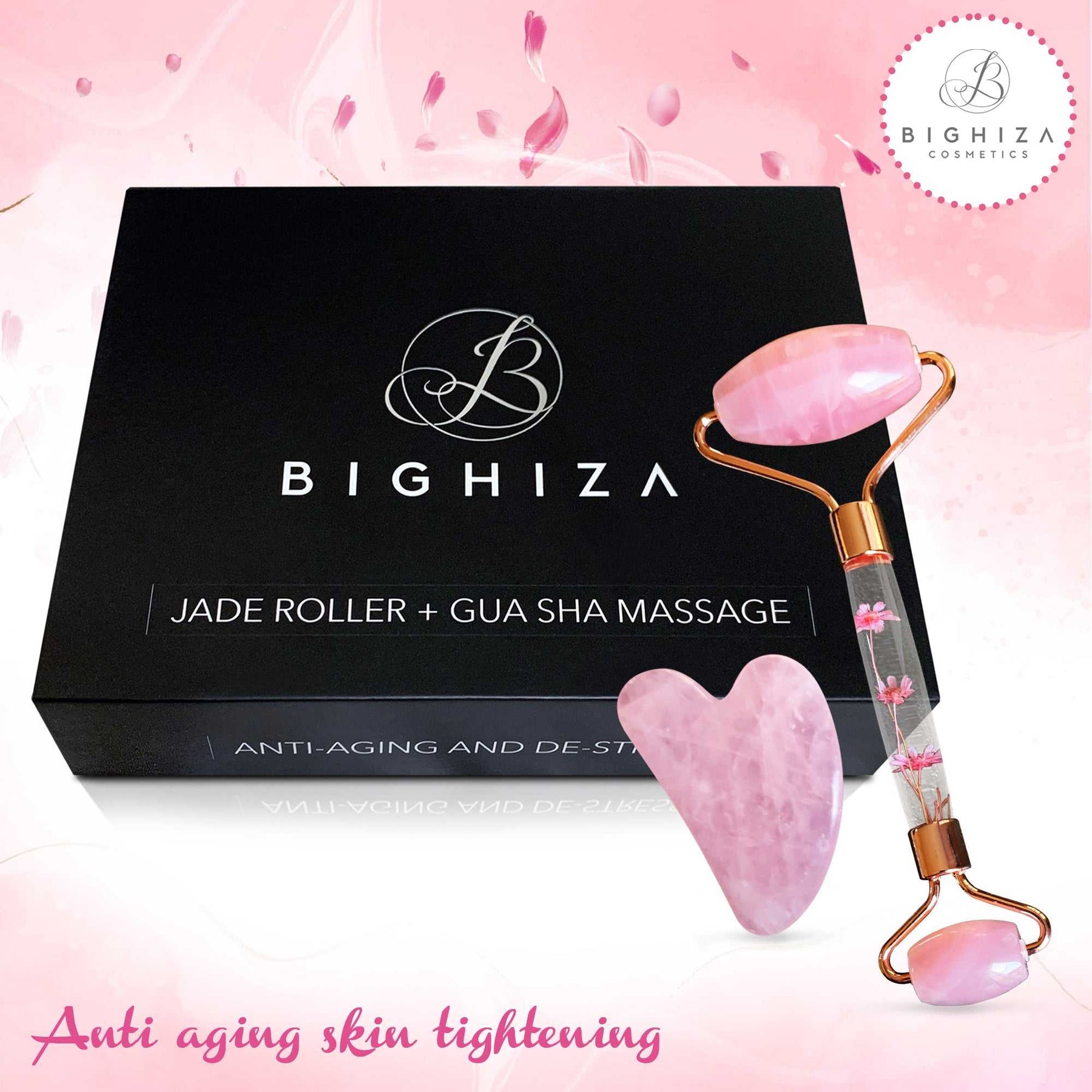 Gua Sha Face Roller Tool Set Pink Rose Quartz Jade Roller and Gua Sha Face Roller Tool Set