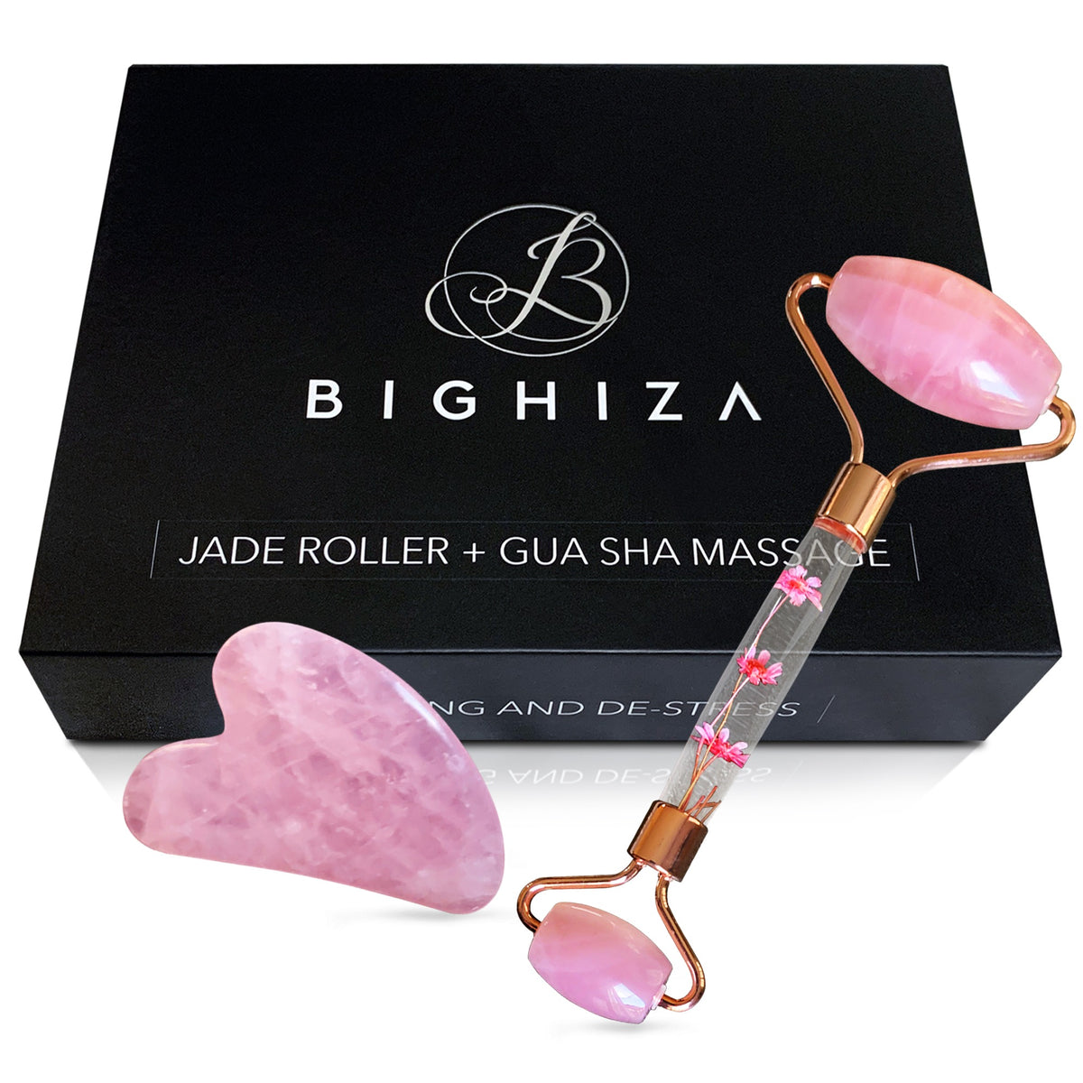 Pink face roller and gua sha beside a black BIGHIZA gift box