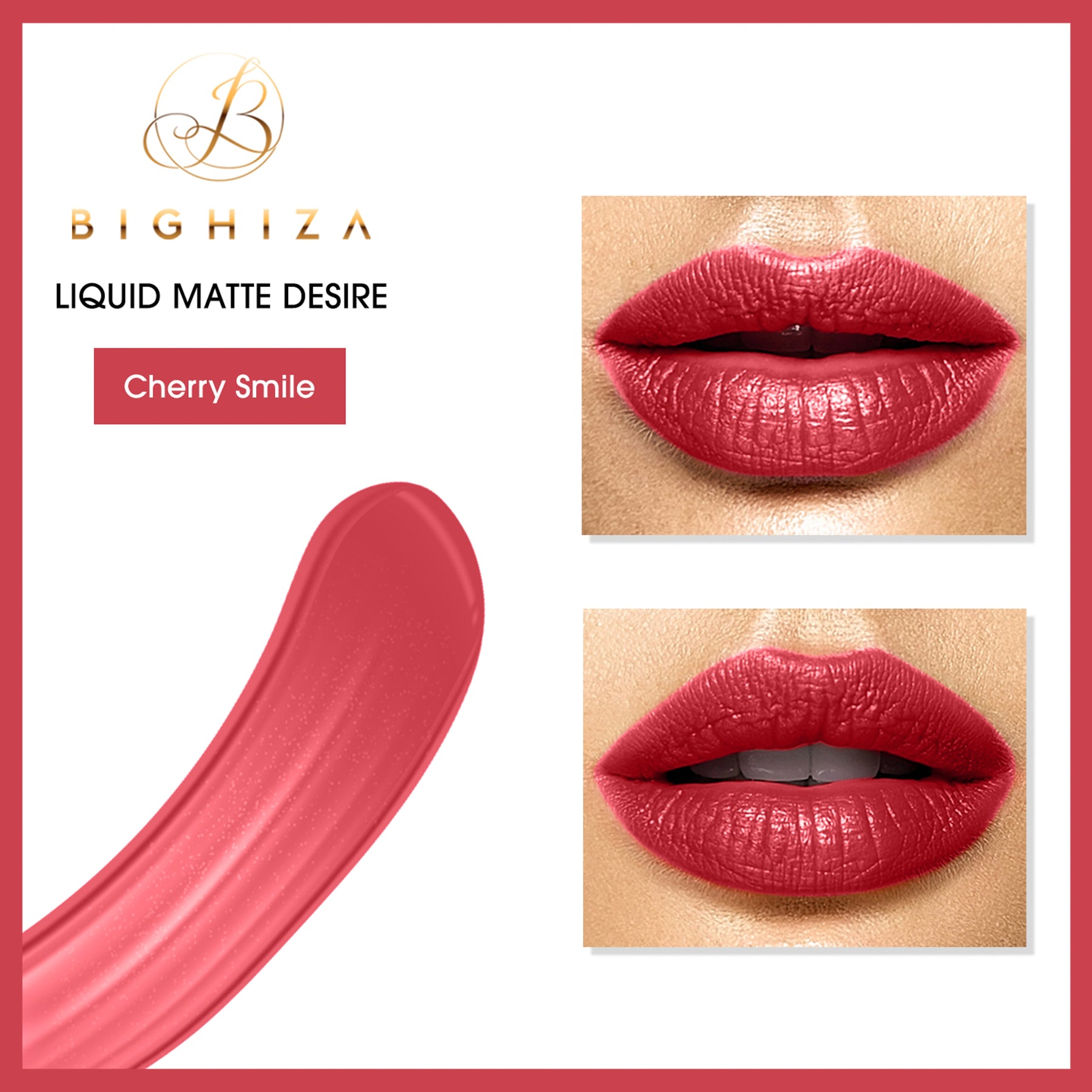 Cherry Smile labeled swatch with two lip close-ups