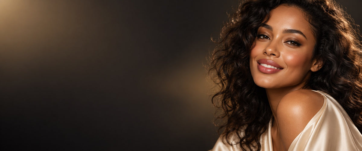 Beauty inspiration: woman with softly defined eyes, glowing cheek color and a glossy lip. 