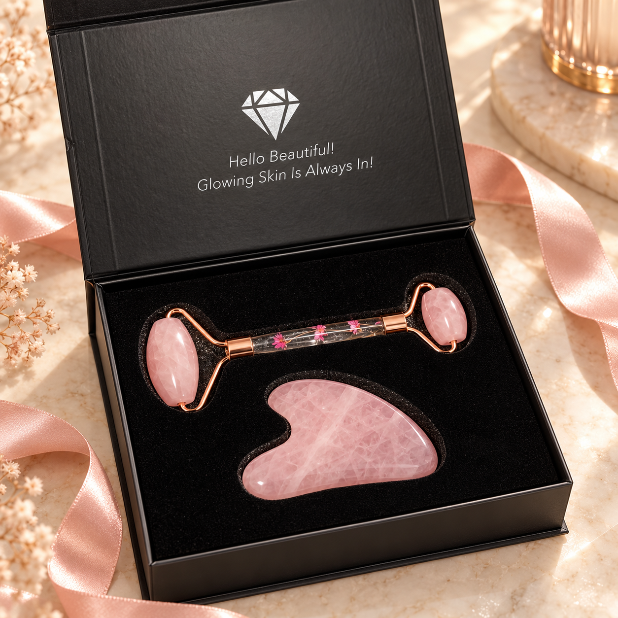 Open black gift box containing a pink face roller and gua sha
