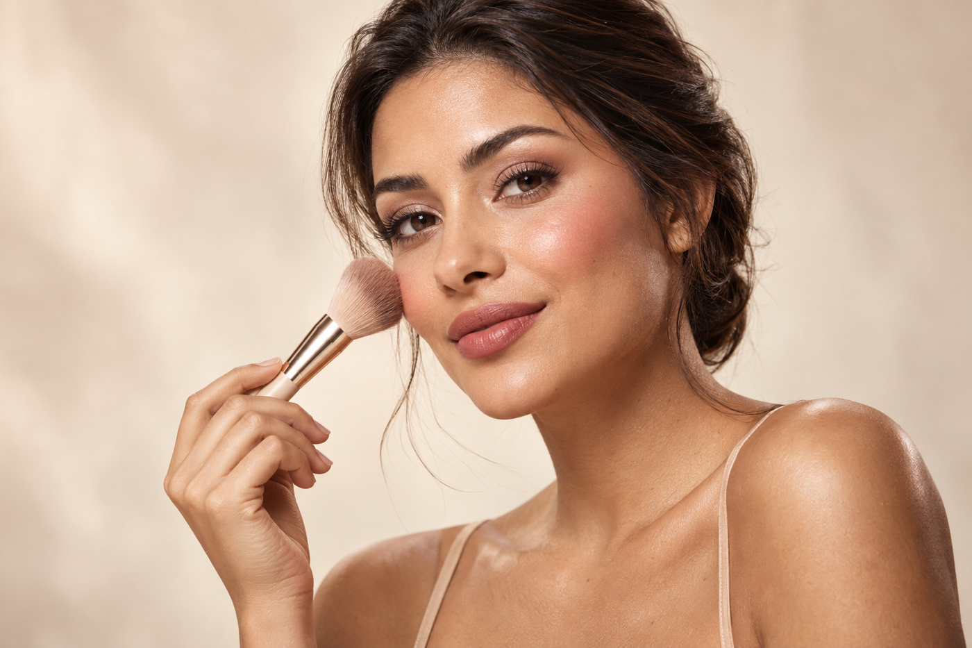 Woman holding a makeup brush beside her cheek