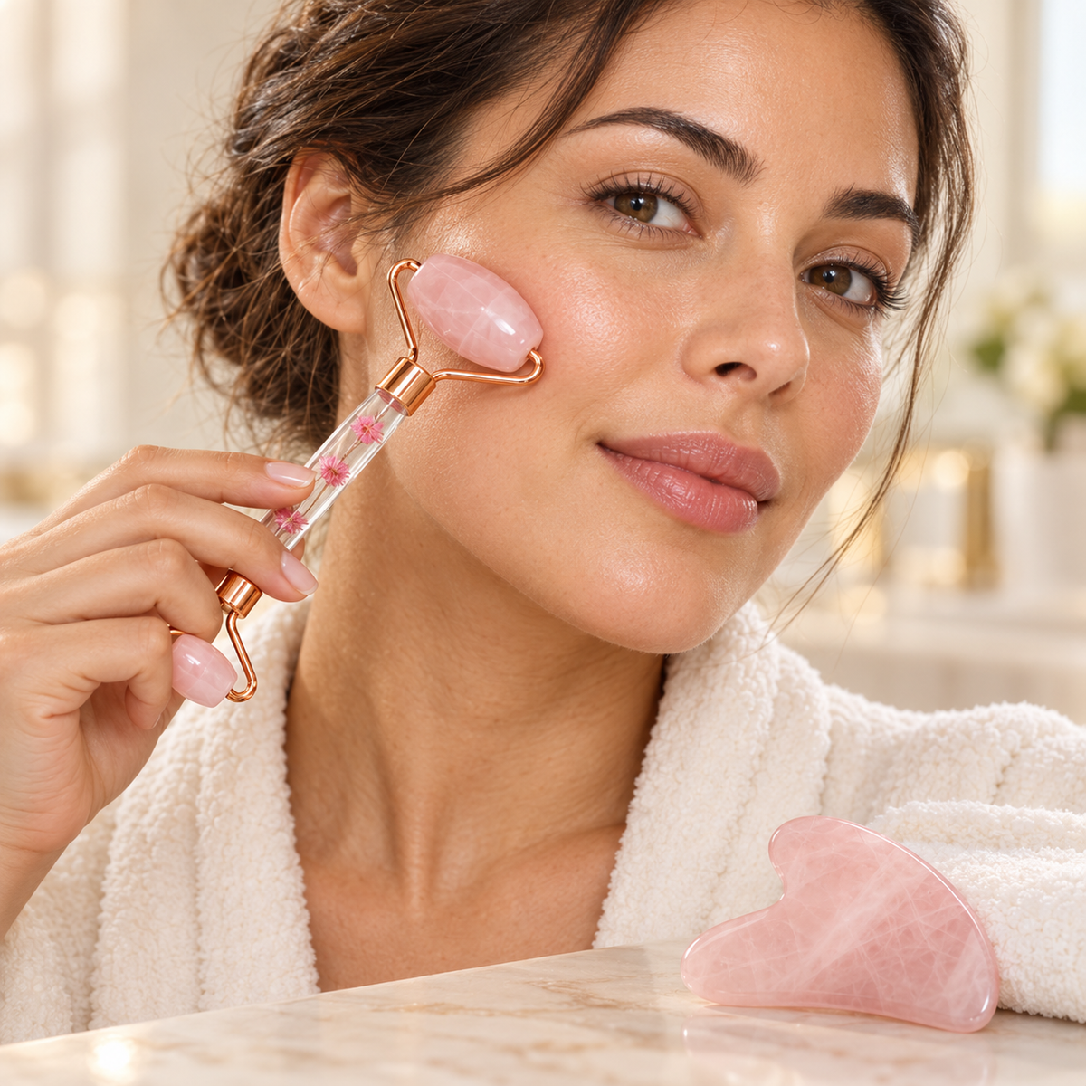 Model rolling a pink face roller across her cheek